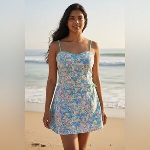 Vintage 1970s 80s Sea Waves women's floral swim dress cottegecore coquette